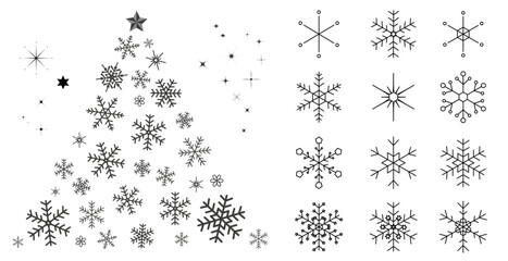 雪の結晶とクリスマスツリーのイラストセット　背景イラスト　ベクター素材