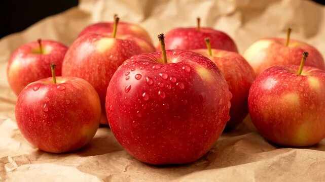 Fresh Red Apples Still Life - A group of vibrant red apples are arranged on crumpled brown paper. The apples have glistening water droplets on their skin, suggesting freshness.