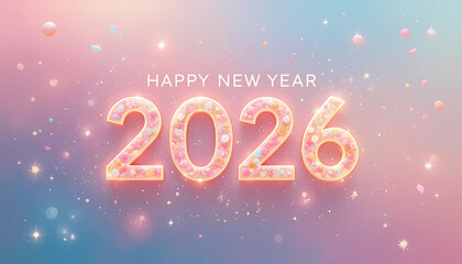 A soft pastel “Happy New Year 2026” design glowing with dreamy gradients, sparkles, and minimal abstract shapes for a modern, aesthetic celebration look.