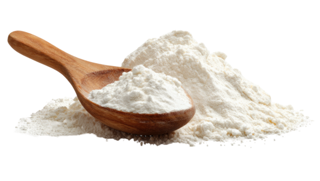 Wooden spoon in pile of white powder on black backdrop, food still life