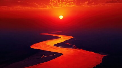 Spectacular Sunset Over Meandering River with Fiery Reflections and Tranquil Atmosphere
