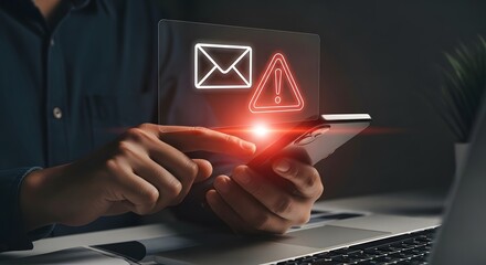 Person using smartphone with digital email and alert notifications glowing