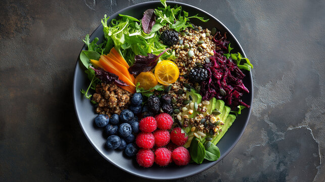 Colorful healthy salad bowl filled with fresh fruits, vegetables, grains, and greens. Includes raspberries, blueberries, avocado, carrots, mixed greens, quinoa, nuts, and shredded red cabbage arranged