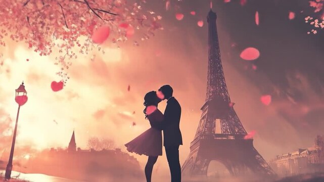 Romantic Parisian Rendezvous: A Couple's Kiss Beneath the Eiffel Tower at Sunset