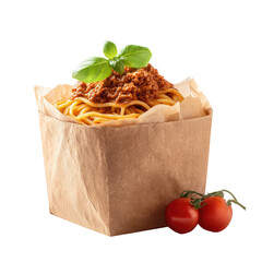 Spaghetti bolognese in paper box, topped with basil, tomatoes