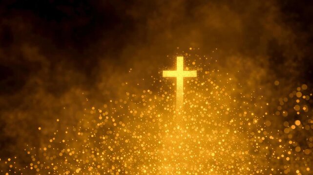 Gold cross glowing light spiritual symbol abstract background with golden bokeh for worship, hope, and faith christian church, spirituality and sacred divine vision shines warmly inspiring calm