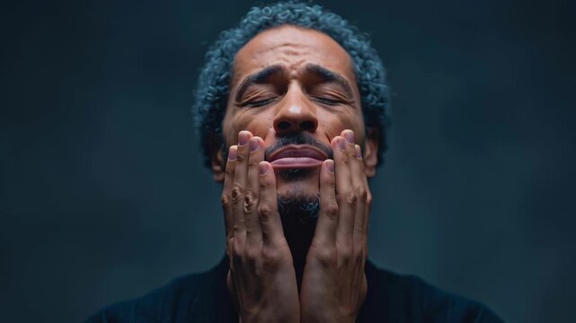 Gratitude prayer man worship faith christian hope serene portrait hands upward dark background with soft light and reflective mood uplifted adult male with raised hands and closed eyes quiet praise