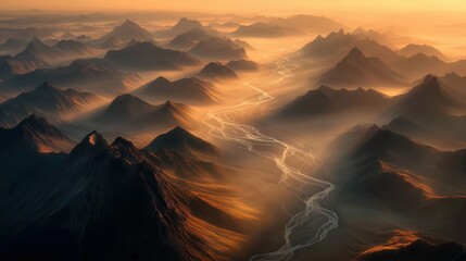Aerial View of Majestic Mountains Shrouded in Mist at Sunrise with Golden Light
