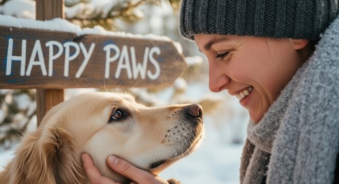 Joyful woman bonding with her golden retriever in a snowy winter wonderland during a peaceful outdoor adventure