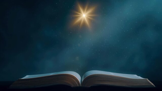 Open Bible Glowing Star Night Sky Celestial Light Spirituality Faith Christian Hope Guidance Inspiration with Prayer Worship Moves Hearts Calm Reverence Serene Heavens Sacred Spiritual Celestial Light