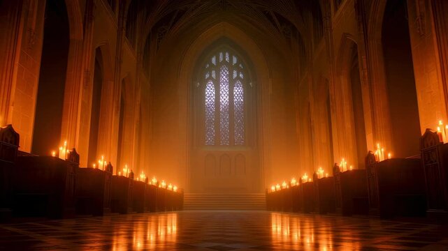 Warm candlelight fills gothic cathedral, stone arch and stained glass cast glow along aisle and pew to altar silent nave invites quiet prayer sacred space with soft haze and faith mood inviting calm