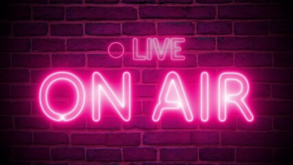 Live on air broadcasting streaming and radio television on a brick wall background. Radio neon sign on wall. 4k animation video - Powered by Adobe