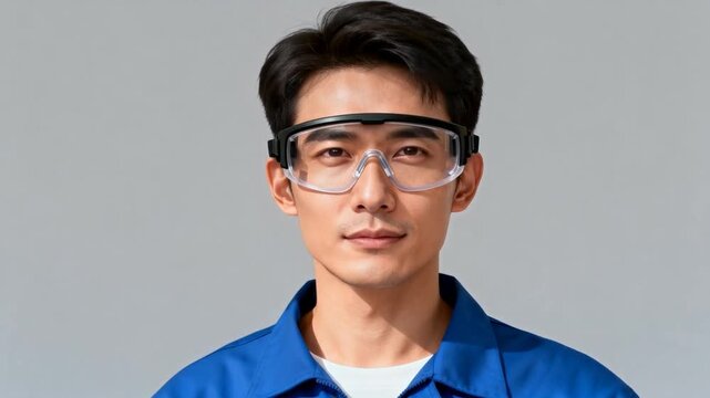 worker adjusting safety goggles before starting a task with a neutral background, perfect for safety and health at work