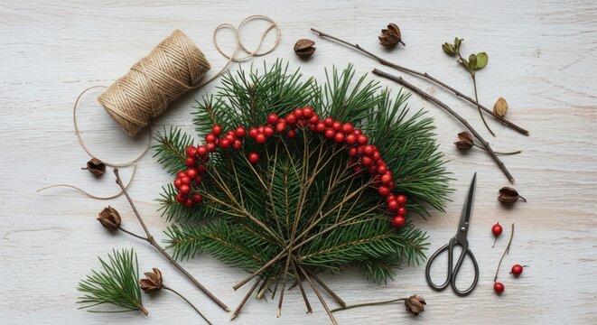 Prepare a stunning Christmas wreath with fresh evergreen branches and vibrant red berries for holiday cheer.