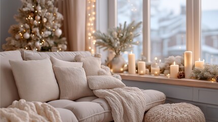 Fototapeta premium Warm winter living room with candles, knitted textiles and natural wood elements creates a seasonal home atmosphere. Soft interior styling enhances traditional rustic holiday decor