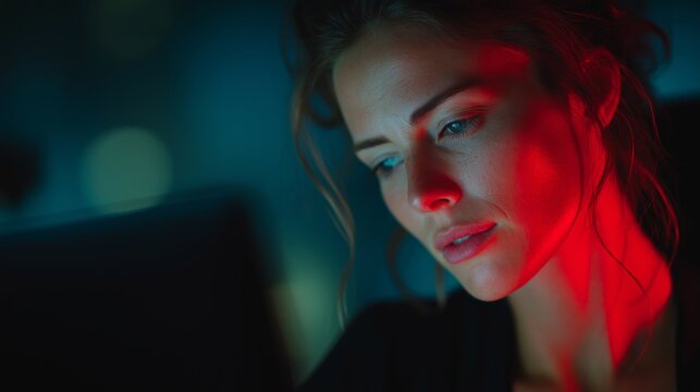 A European woman works at a computer with dramatic red-blue lighting emphasizing cybersecurity, tech vigilance, and digital protection themes. The portrait supports topics of data security, IT risk