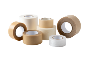 Group of tape rolls brown, white, beige; smooth, mesh texture