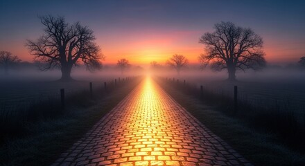 Dreamy dawn glows over a cobblestone path winding through a misty landscape to a vibrant sunrise.