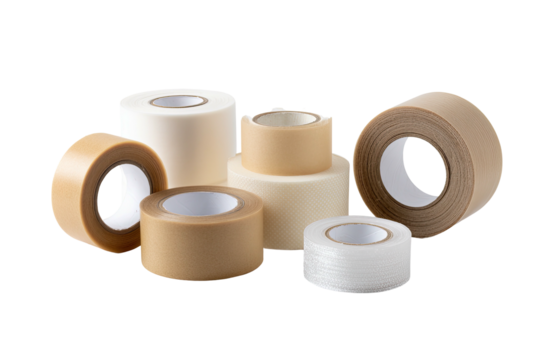 Group of tape rolls brown, white, beige; smooth, mesh texture