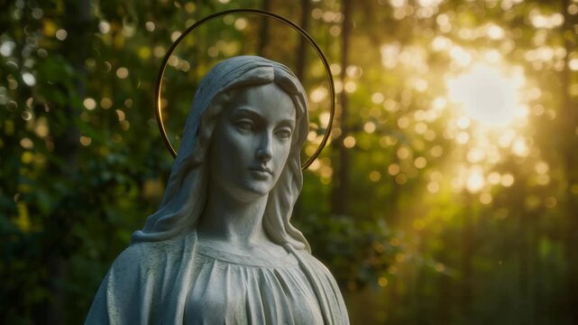 Serene statue of Virgin Mary with golden halo soft sunlight, forest bokeh and peaceful nature setting sacred marble sculpture symbolizing Christian faith, devotion, prayer, and grace gentle outdoor