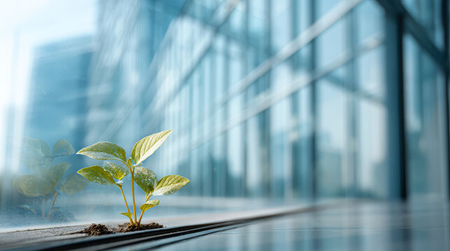Urban seedling green sprout glass building sunlight reflection sustainability growth hope