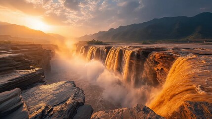 Spectacular Waterfall Cascading into a Serene River Under Golden Sunset with Dramatic Clouds
