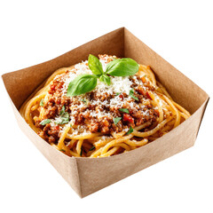 Bolognese pasta in a cardboard tray, topped with basil and cheese