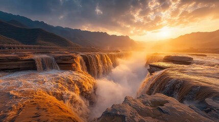 Spectacular Waterfall Cascading Through Rocky Terrain at Sunset with Dramatic Lighting
