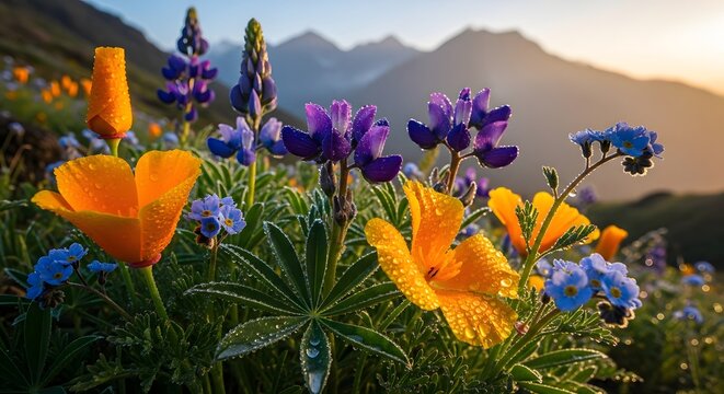 Close up of vibrant wildflowers in alpine meadow at sunrise in mountain