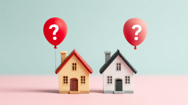 Mini house balloon question mark choice compare housing market real estate decision mortgage