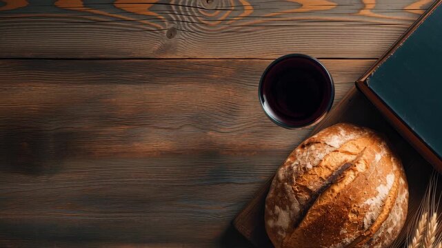 Bread wine rustic wooden table loaf grain book candlelight worship, rustic bread red wine wooden table book wheat warm light still life faith christian, bread wine bible wooden table wheat rustic - Powered by Adobe