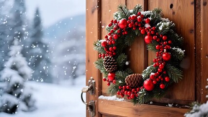 Christmas wreath on wooden door with snowy background - Powered by Adobe