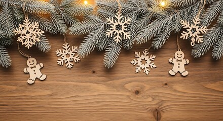 Wooden Christmas Ornaments of Snowflakes and Gingerbread Men Hanging from Snowy Pine Branches on a Rustic Wooden