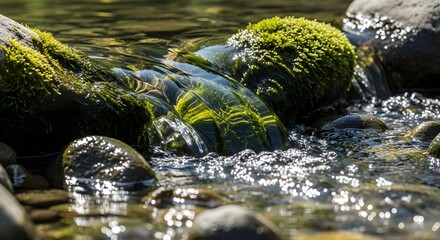 Water flowing over moss covered rocks creates small waterfall in a clean river bed