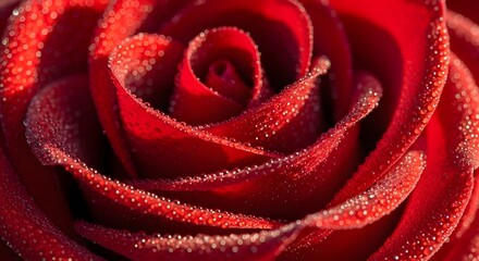Detailed macro shot of a red rose with dewdrops on petals in soft light