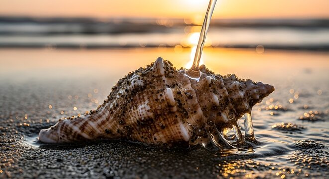 Close up of sea shell on beach with water pouring onto it during a sunset