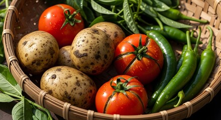 Fresh vegetables in basket including potatoes tomatoes and green chili peppers