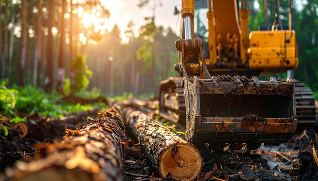 Heavy Excavator and Logs in Forest at Sunrise