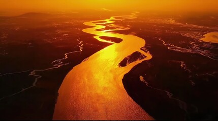Majestic River Reflecting Golden Sunset Over Serene Landscapes with Tranquil Vibes
