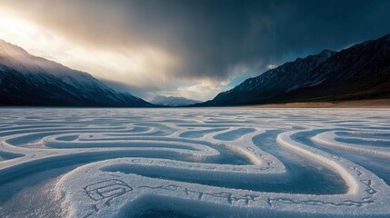 A panoramic view of a frozen lake with intricate maze-like patterns carved into the ice and snow. Majestic mountains rise in the background under a dramatic sky