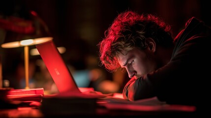 A white European male student works late at a laptop with visible exhaustion, highlighting academic pressure, overwork, and digital fatigue. Strong red lighting enhances the concept of stress, burnout