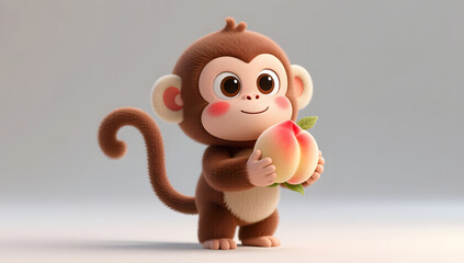Playful monkey holding a peach with a smile
