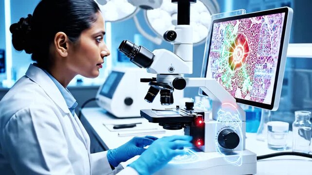 A scientist in a lab coat studies a sample under a microscope with a digital display
