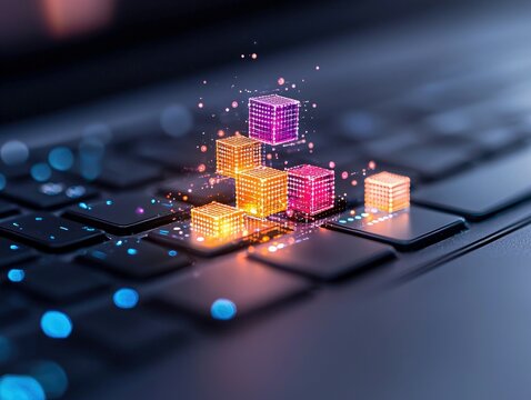 Abstract glowing cubes in a bar graph formation on a keyboard, symbolizing data, technology, and digital growth. The scene is illuminated by warm orange and pur