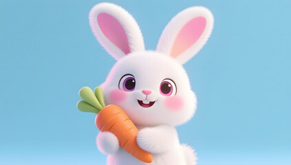 Cute white rabbit holding a fresh carrot