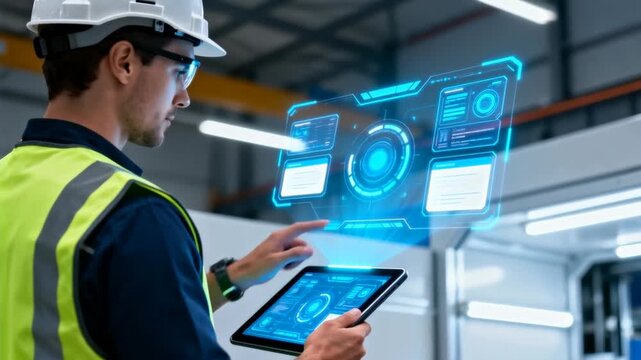 worker performing site inspection with a digital tablet and futuristic hud overlay, perfect for safety and health at work