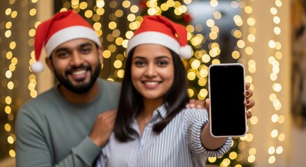 A couple in Santa hats stands in front of festive lights, with the woman holding a smartphone