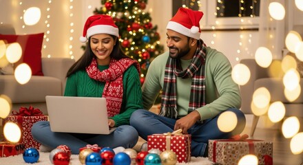 A couple wearing Santa hats and festive scarves sits together with a laptop, celebrating Christmas