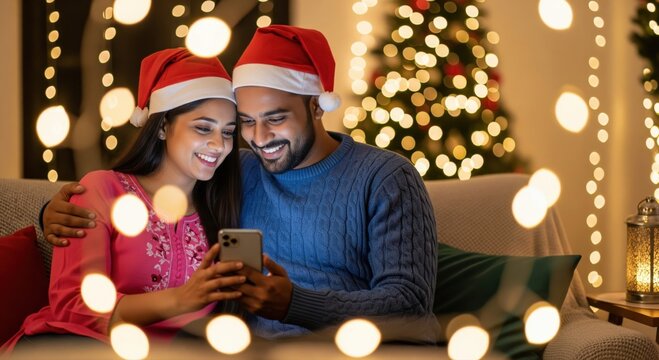 A couple in Santa hats sits close together on a festive sofa, sharing a cozy holiday moment while looking at a smartphone with Christmas lights glowing around them.​