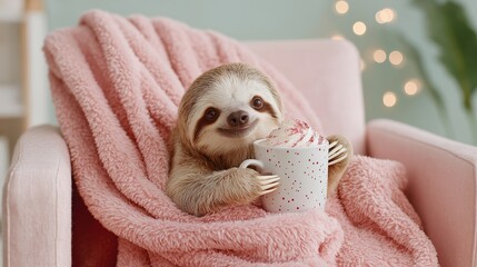 Obraz premium Cute sloth holds a whipped-cream drink while wrapped in a pink blanket for cozy seasonal marketing assets. The composition uses soft homely comfort as a warm symbol for winter-themed branding
